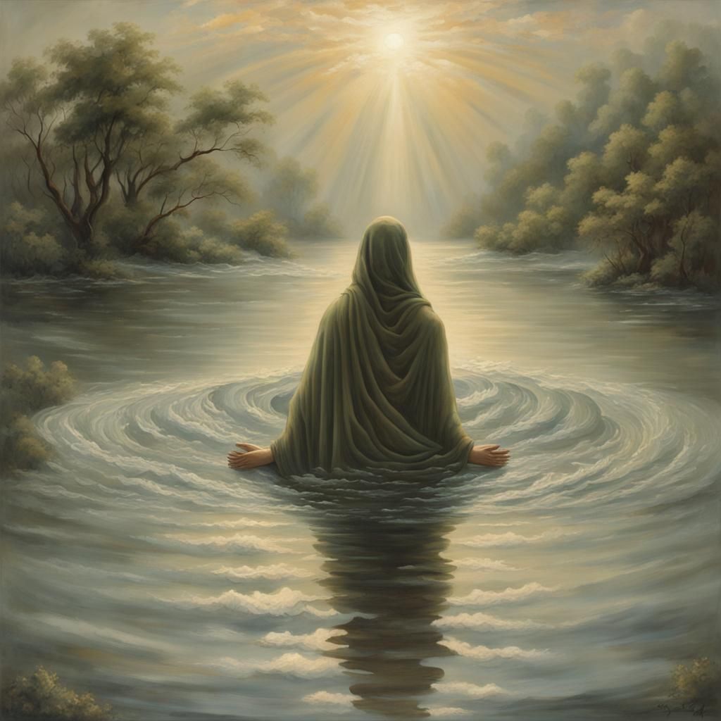 Depict a serene and powerful scene of someone passing through waters, symbolizing the journey through challenges