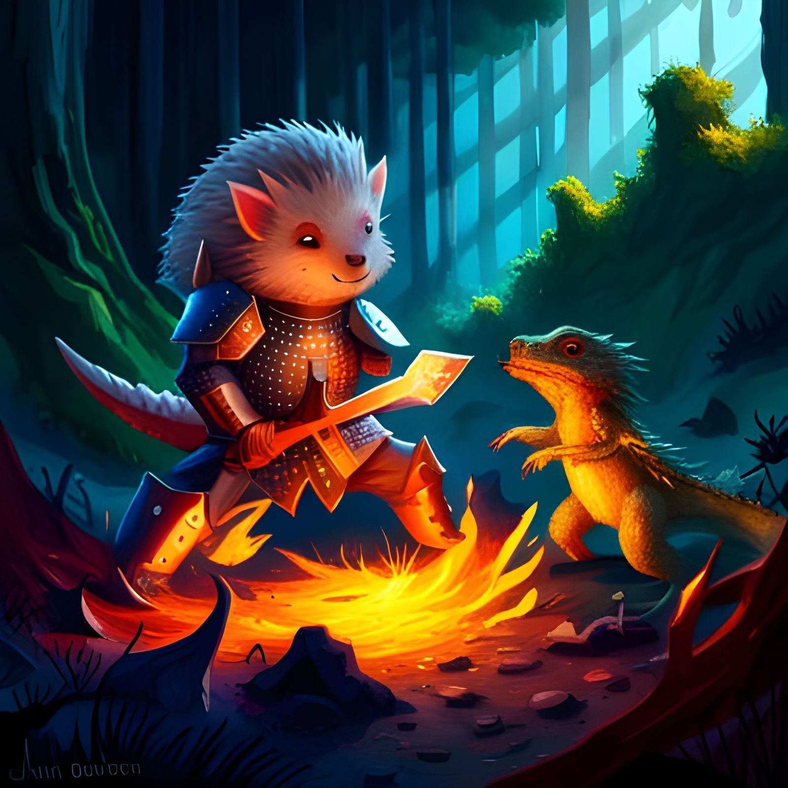 Porcupine Knight Battles Dragon in Fantasycore Style