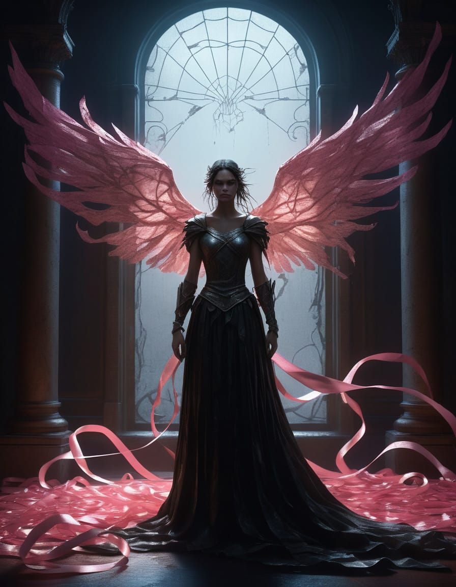 Angel Imprisoned in a Haunting Tapestry of Pink Ribbons