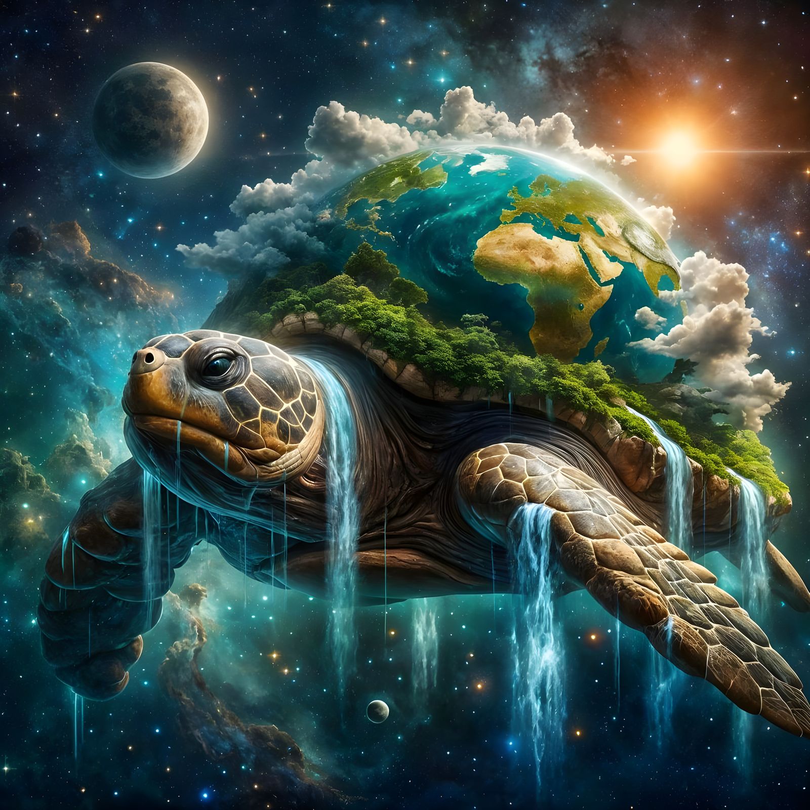Cosmic Turtle Glides Through Space, Carrying a Lush Terrestr...