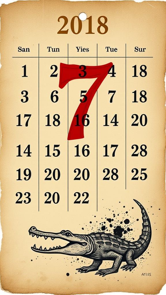 Distressed Vintage Calendar with Crocodile Maw Devouring the...