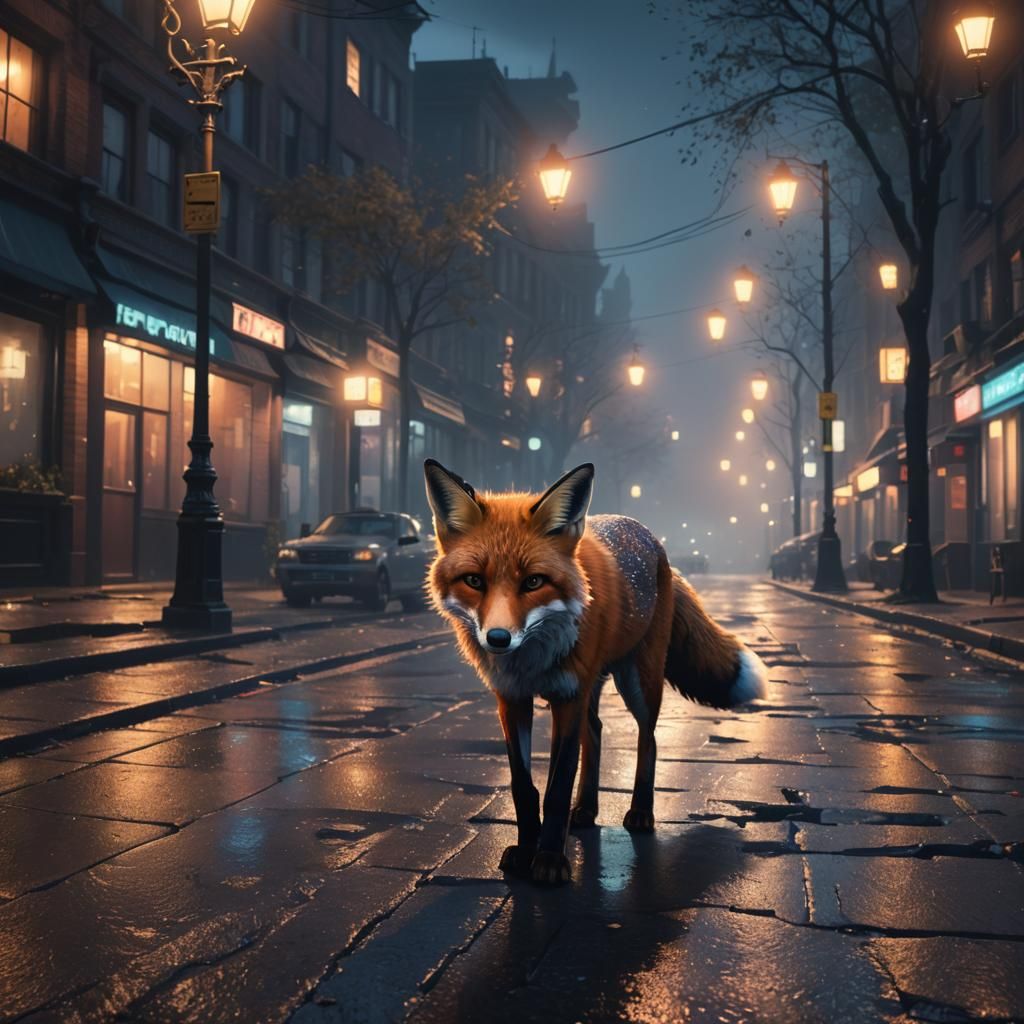 Fox in Cityscape at Night: Matte Painting
