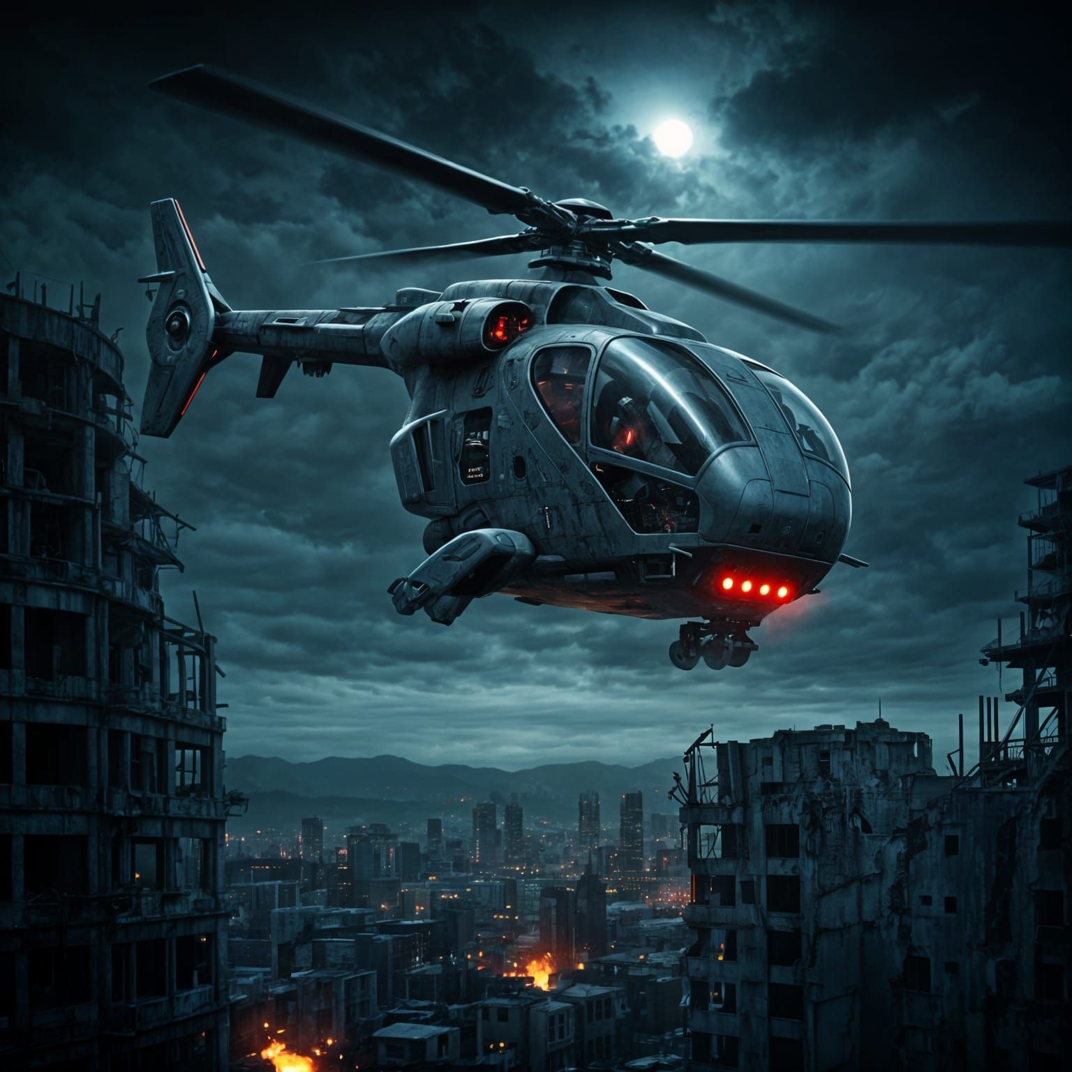 Terminator HK-VTOL Unit Soaring Over Ruined City