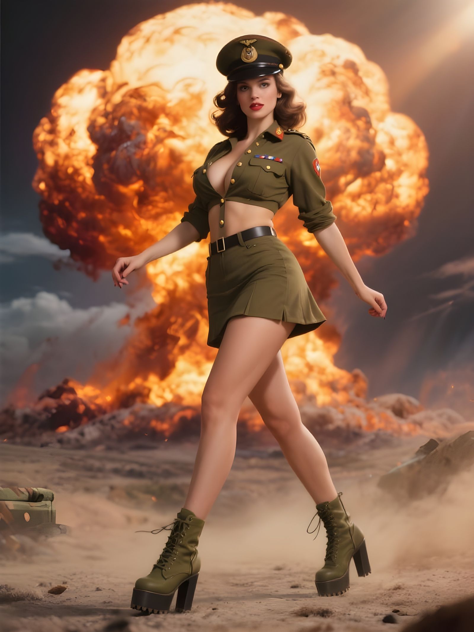 Pin-Up Woman Struts Past Mushroom Cloud in Military Style