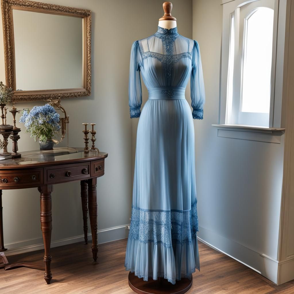 Edwardian Blue See-Through Dress on Dress Form