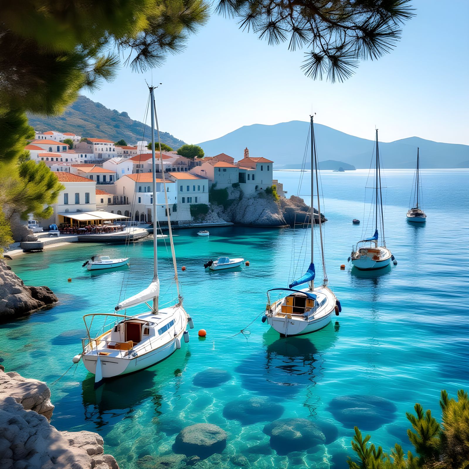 Picturesque Greek Port with Turquoise Sea