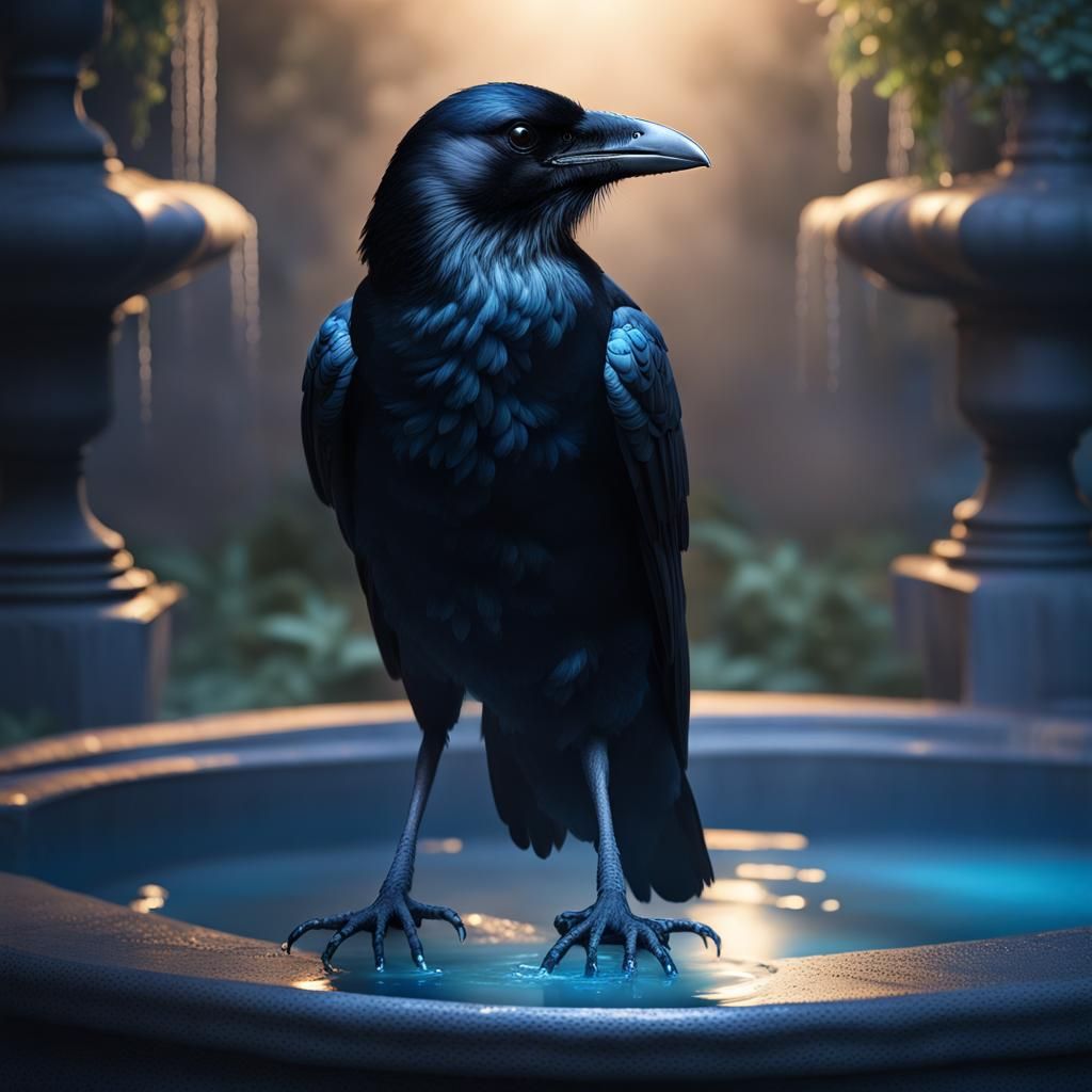 Blue-Eyed Crow in Foggy Garden, Detailed Matte Painting
