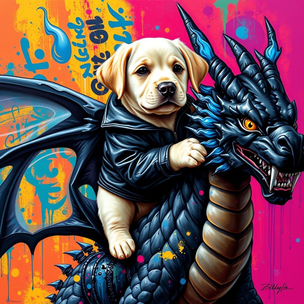 Labrador Puppy Rides Dragon in Graffiti Art Style