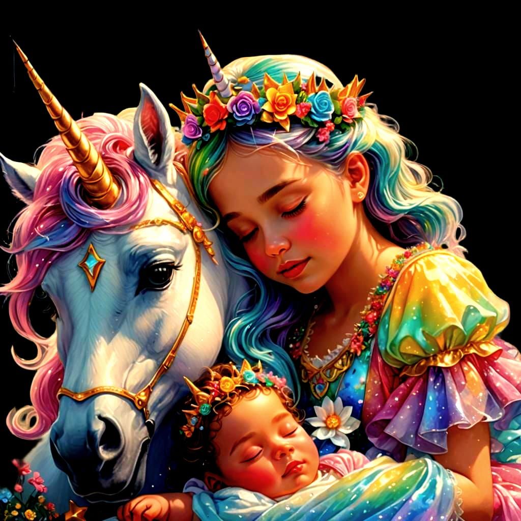 Baby Princess Sleeping with Magical Unicorn in Candy Art