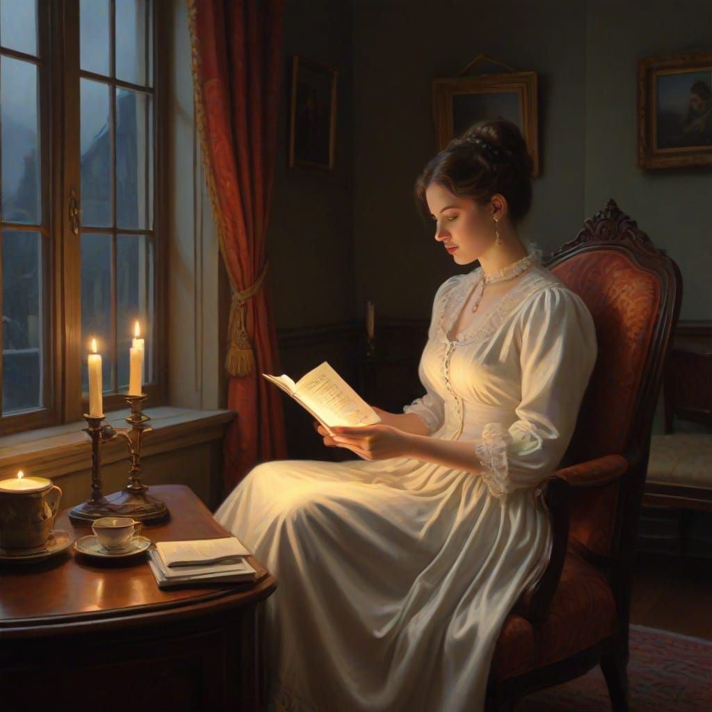 Victorian Lady Reading in Turret During Lightning Storm