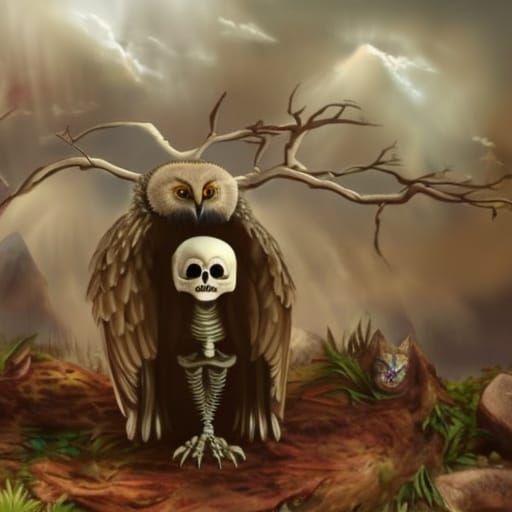 Giant Owl Weeping Over Cat Graveyard