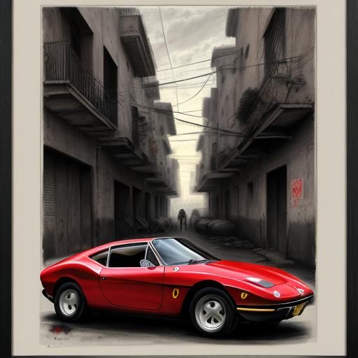 Red Ferrari in Ghetto, Naive Art Charcoal Drawing