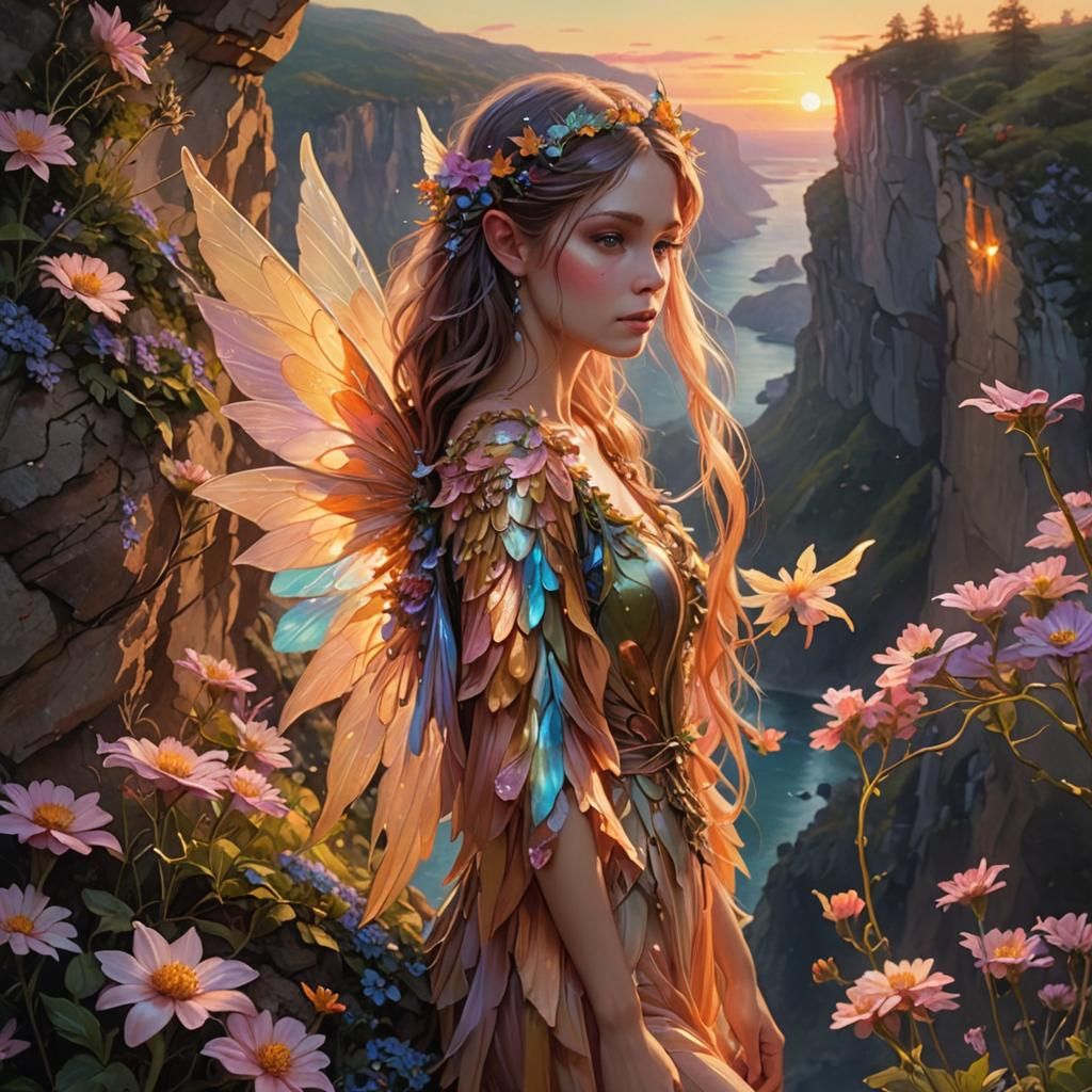 Fairy on Sunset Cliff with Glowing Flowers