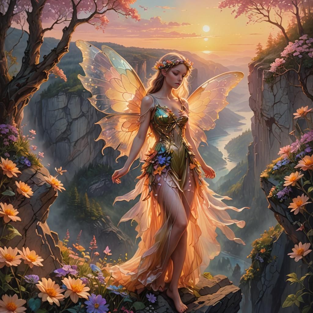 Fairycore Sunset: Hyperrealistic Fairy with Glowing Flowers