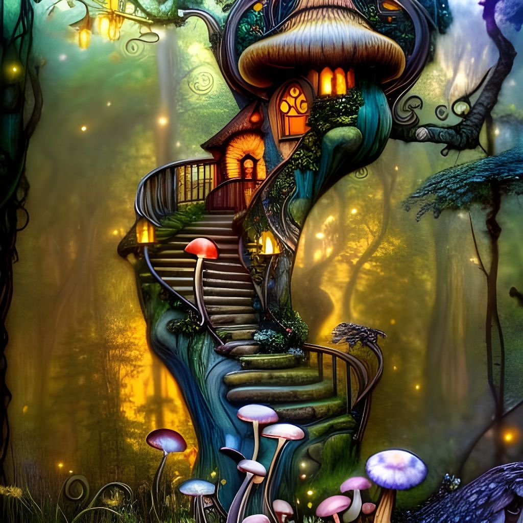Fairytale Treehouse with Elvish Stairway in Art Nouveau Styl...