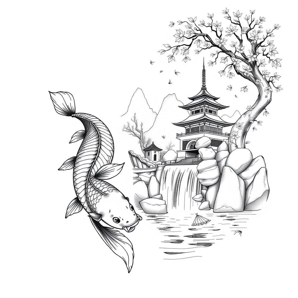 Japanese Tattoo Design: Carp, Dragon, Temple