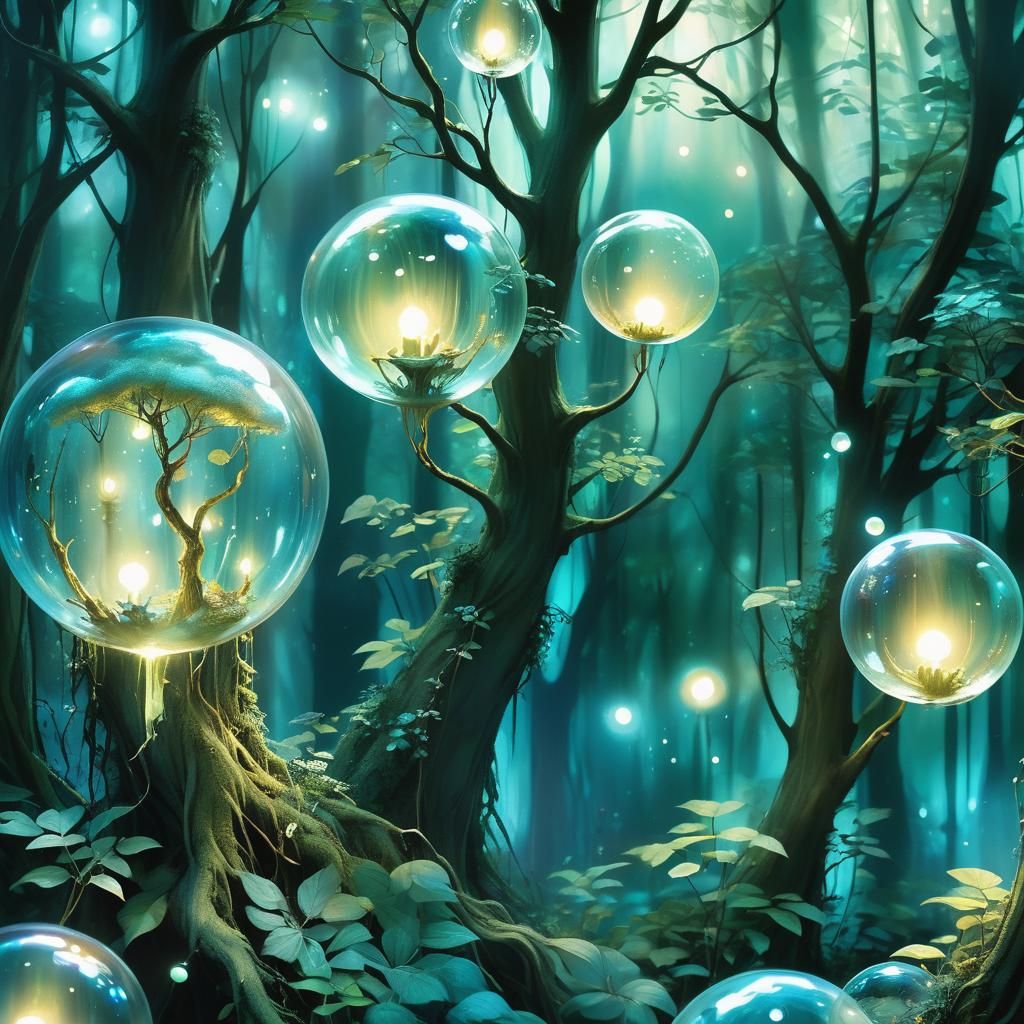 Glowing Forest in Magic Bubble: Whimsical Fantasy Art