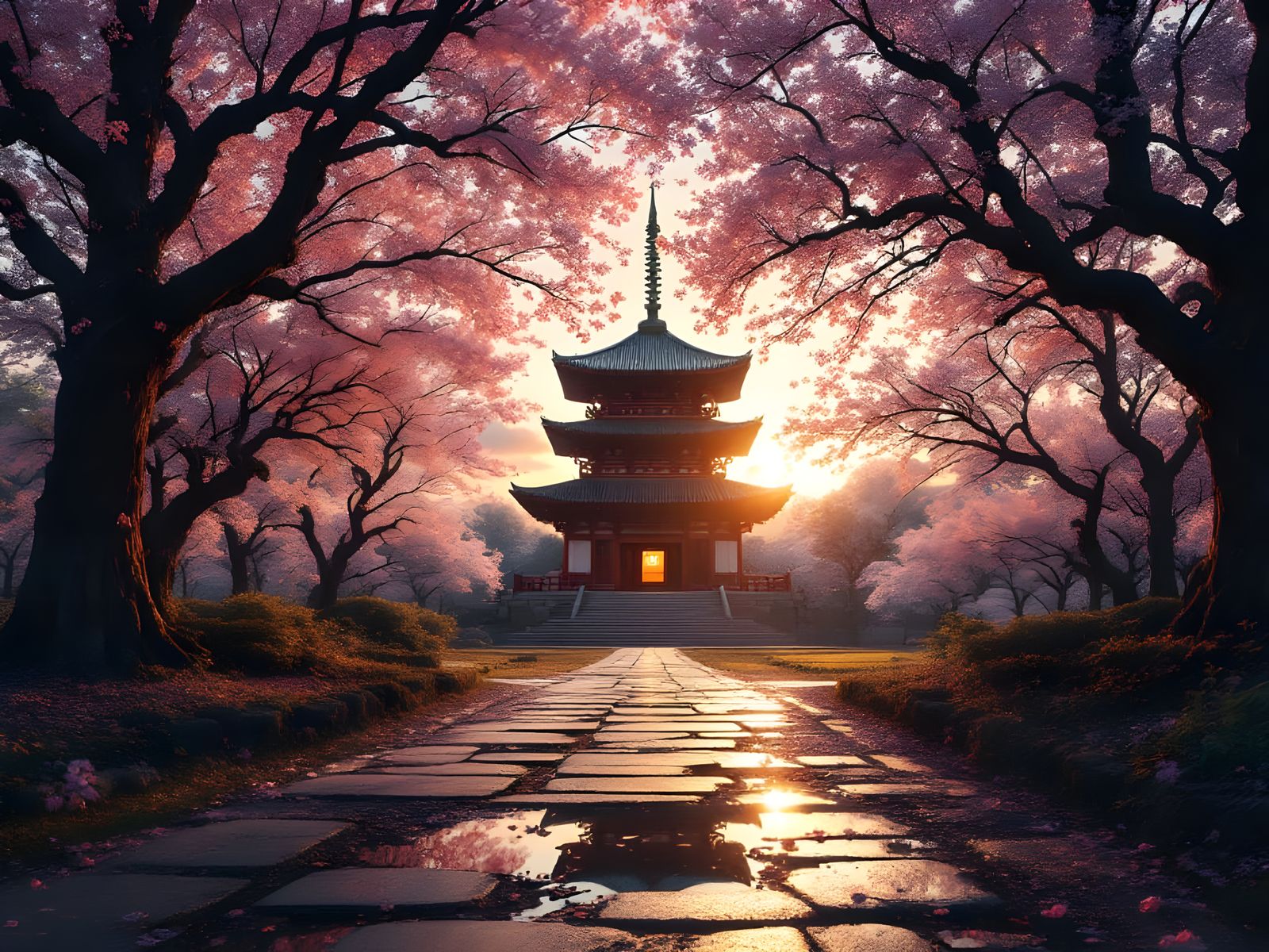 Surreal Cherry Blossom Pagoda at Sunset