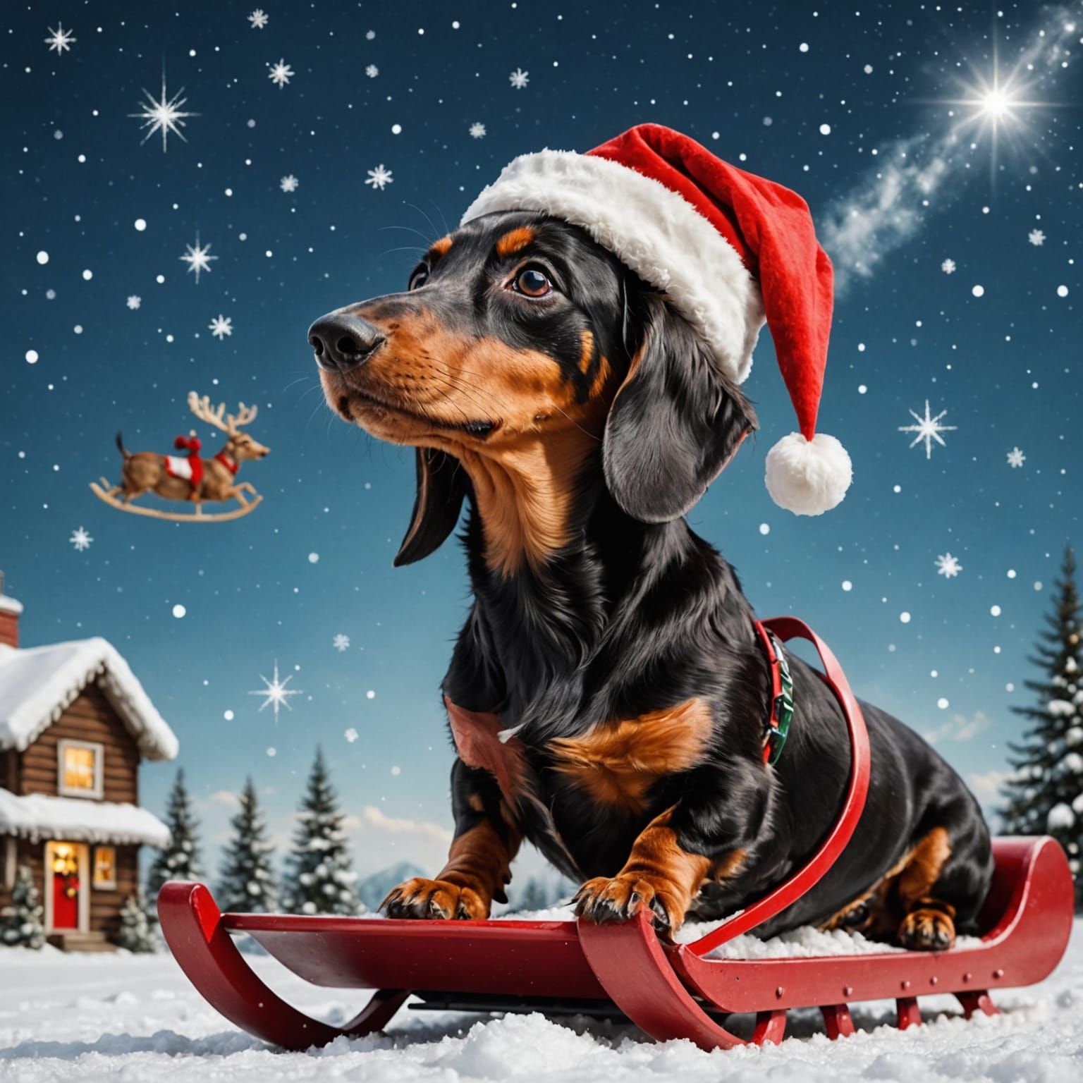 Joyful Dachshund Watches Santa Fly By in a Whimsical Winter....