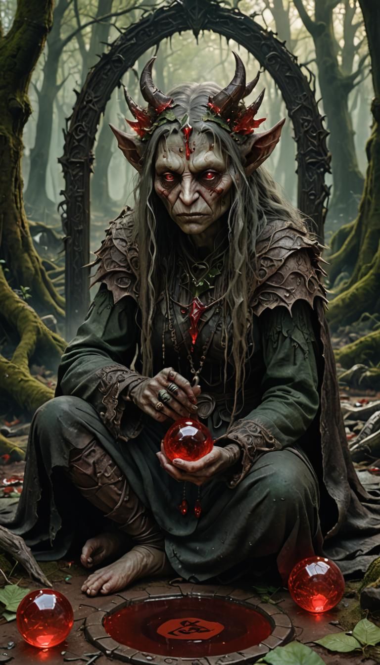 Gothic Goddess Begs Demon in Dark Crystal Forest