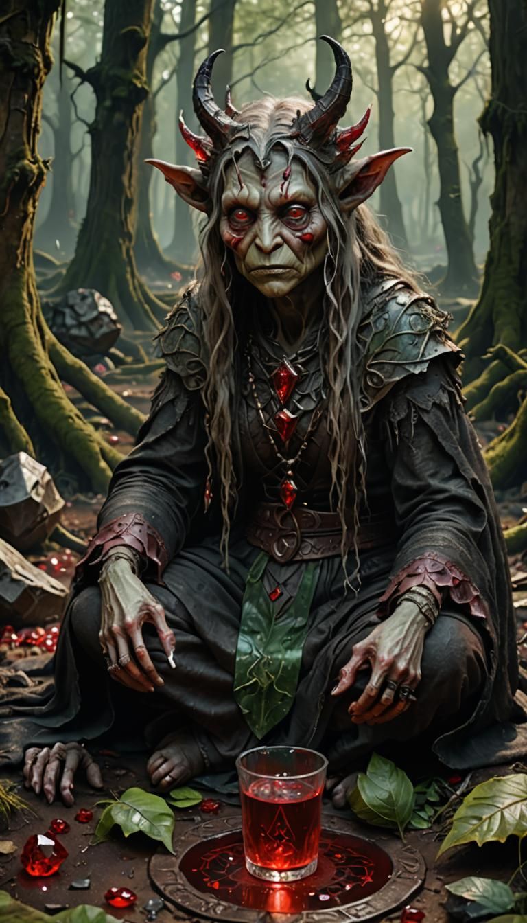 Gothic Goddess Begging Demon in Dark Crystal Style