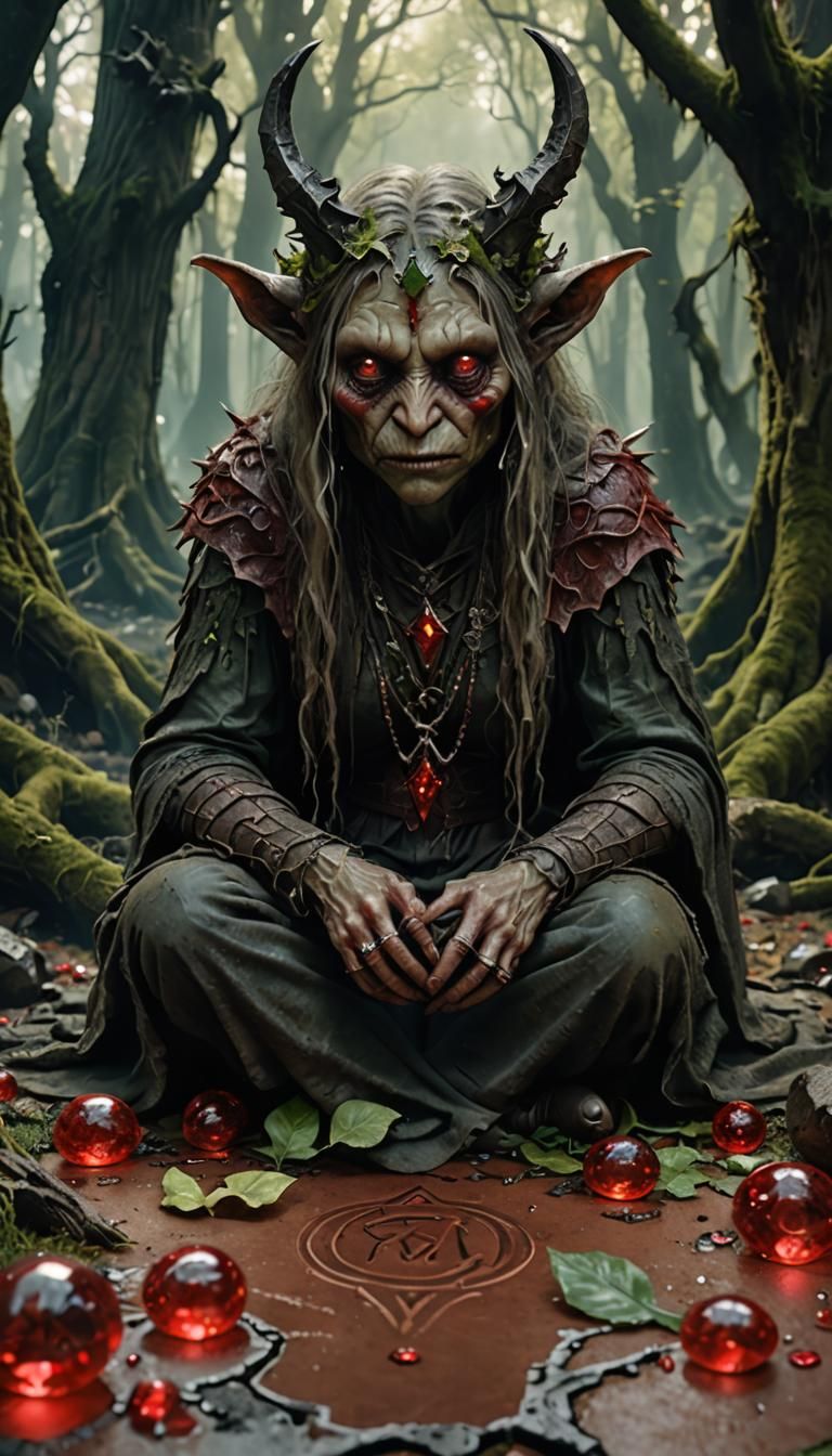 Gothic Goddess Begs Demon in Dark Crystal Forest