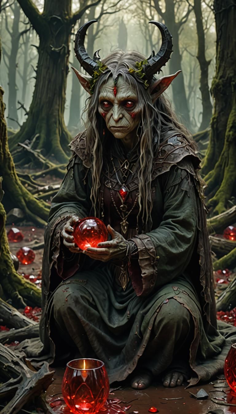 Gothic Goddess Begs Demon in Dark Crystal Forest