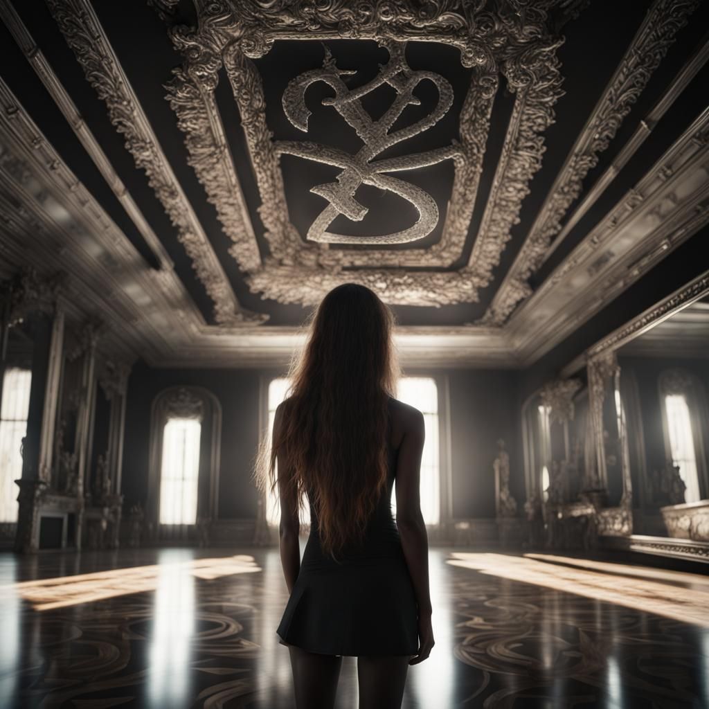 Glowing Rune Woman in Dark Mirror Room, Hyperrealistic