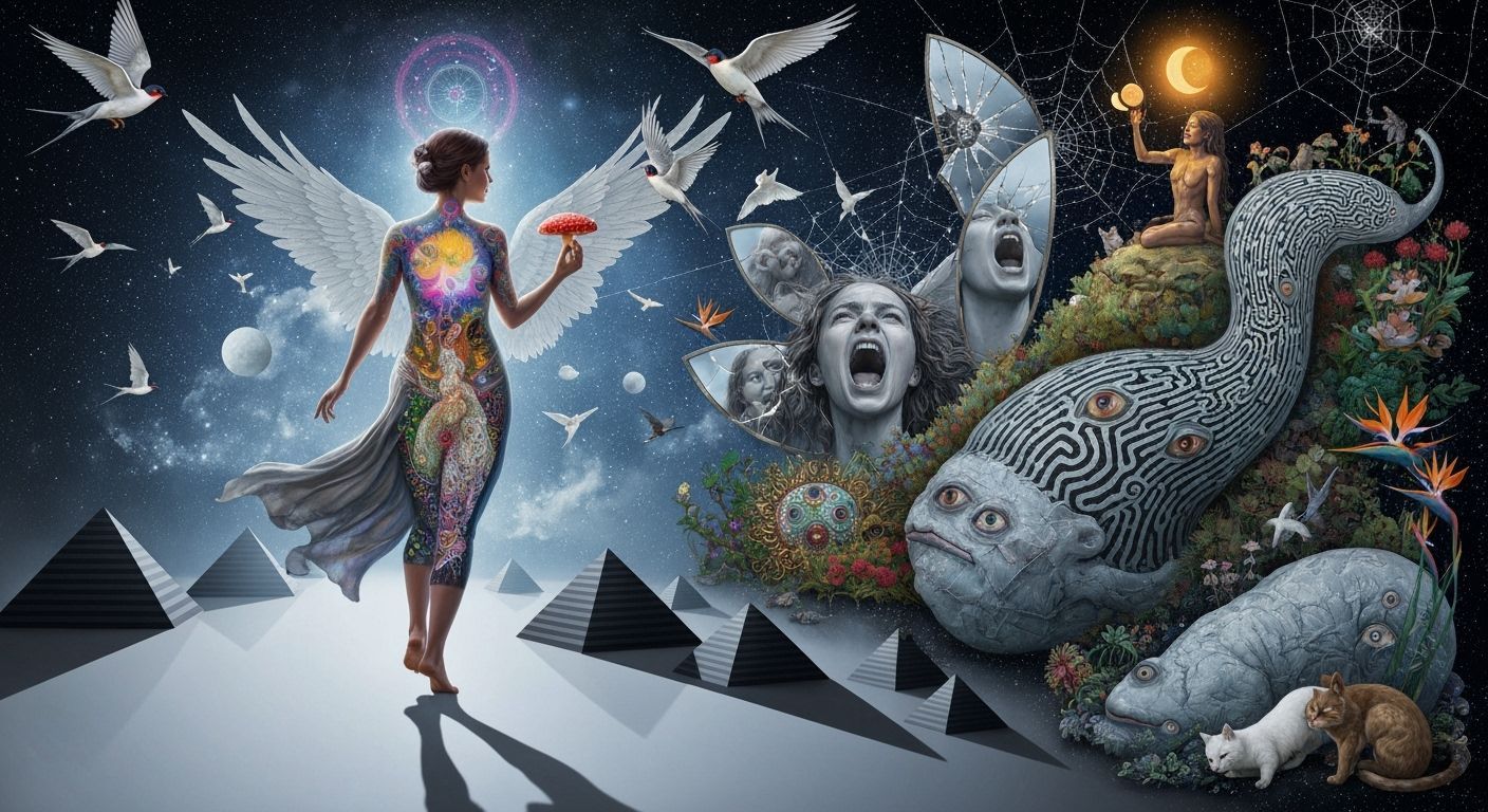 Mystical Woman on Surreal Pyramids with Ethereal Light