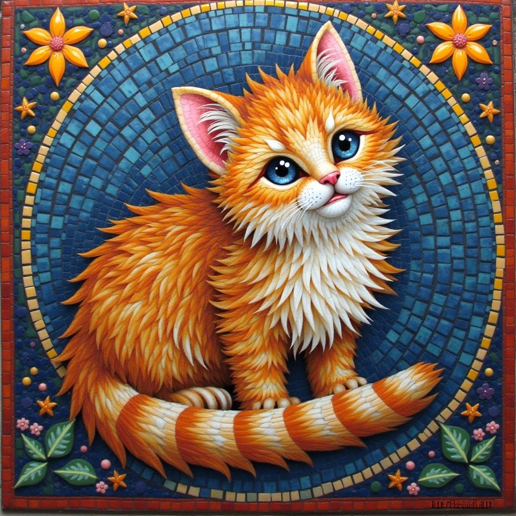 Fluffy Kitten in Mosaic Art Deco Style