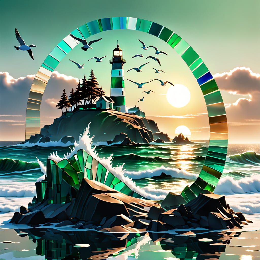 Surreal Sea Glass Lighthouse at Sunset