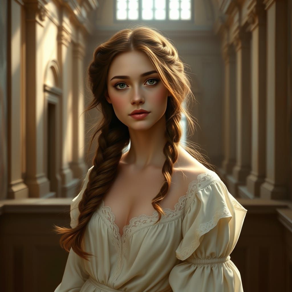 Renaissance Portrait of a Lady in Flowing Ivory Dress