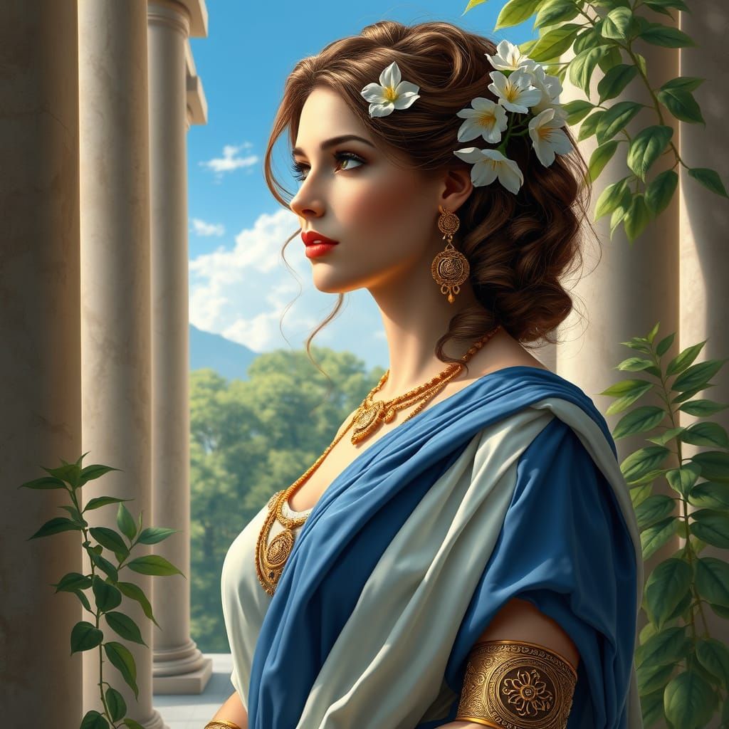 Classical Beauty Adorned with Flowers in a Serene Greek Sett...