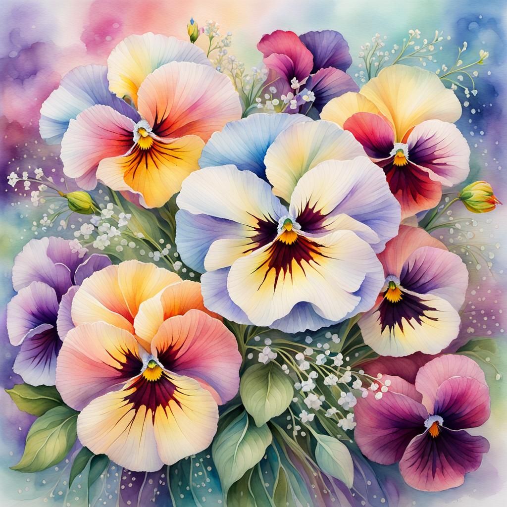 Rainbow Pansy Bouquet in Watercolor Dreamscape
