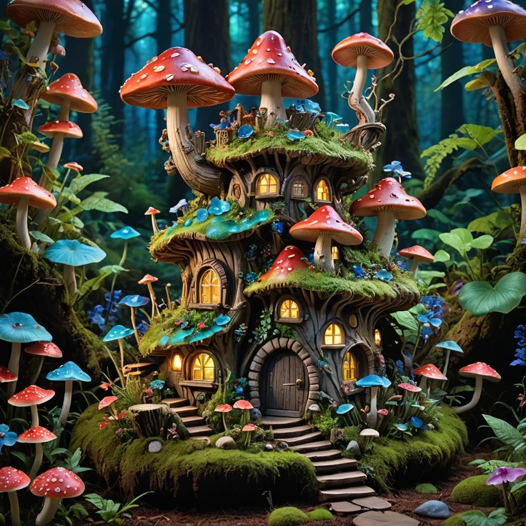Enchanted Fairy House in Bioluminescent Forest
