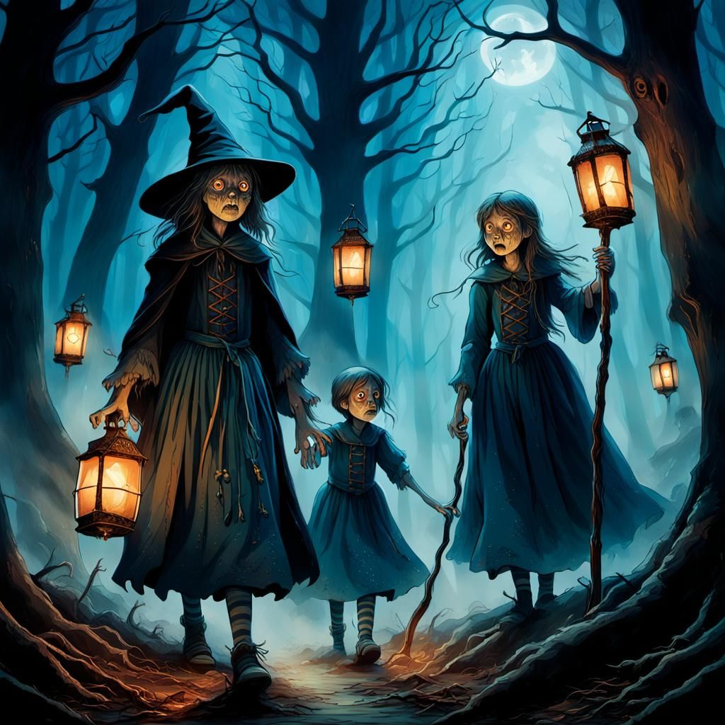 Witch Confronts Hansel and Gretel in Dark Fantasy Style