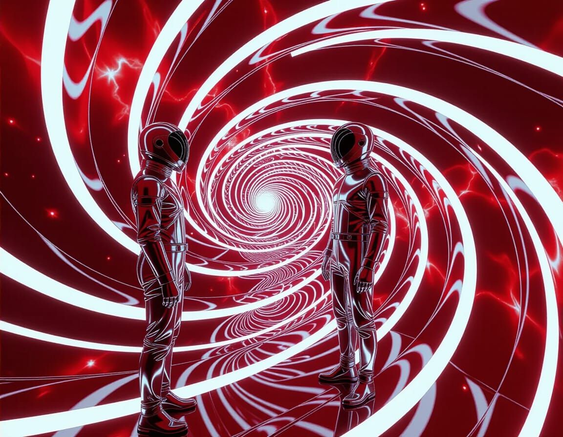Man Meets Doppelganger on Red Mobius Strip