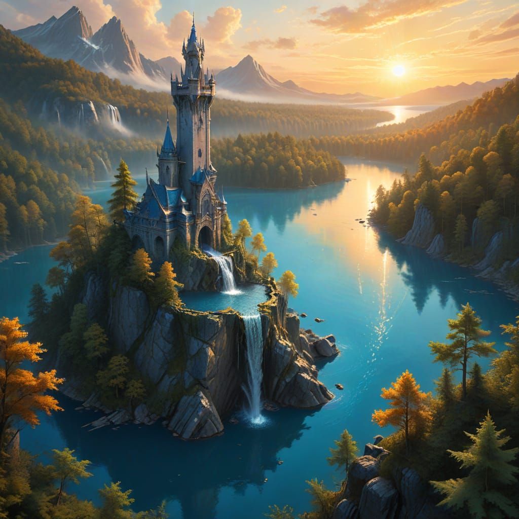 Silver Tower on Blue Lake at Sunrise