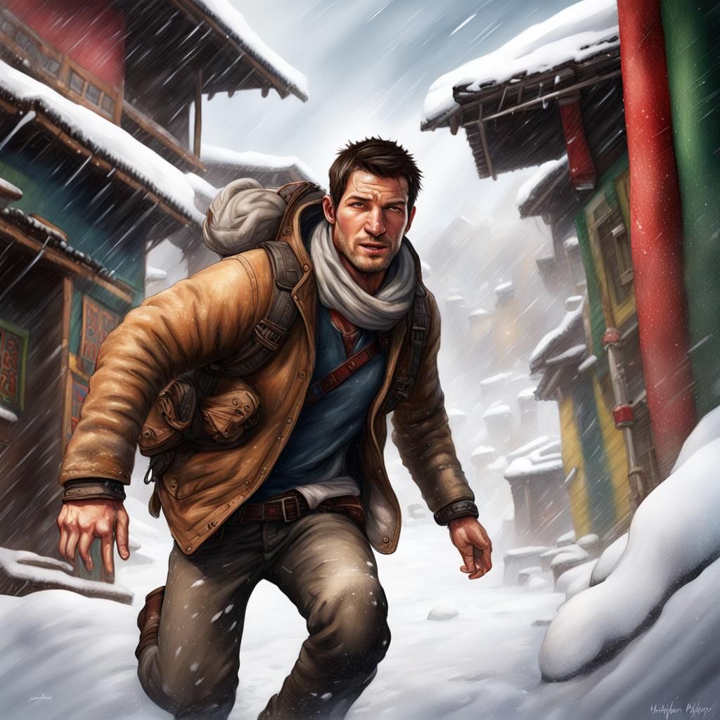 Nathan Drake Tumbling Through Snowy Tibetan Village