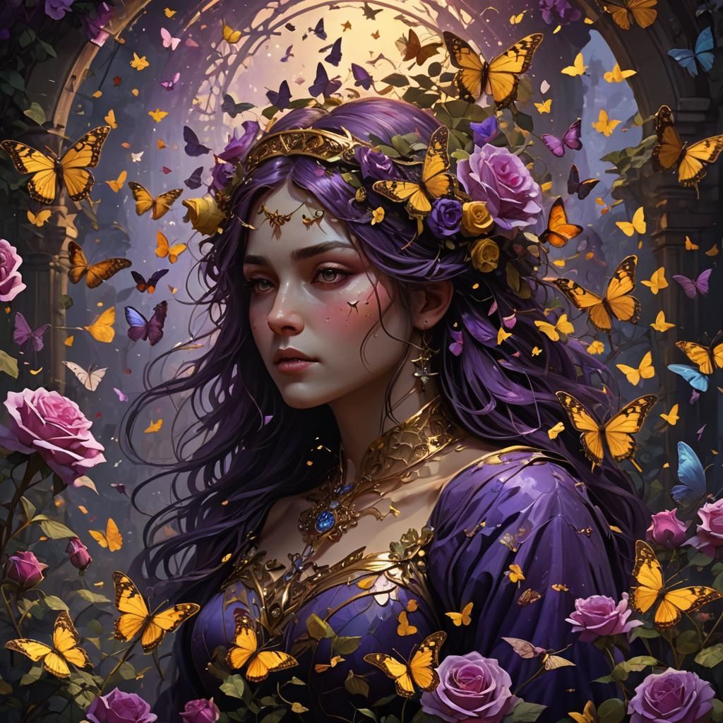 Rose Fairy with Butterflies: Dark Fantasy Art
