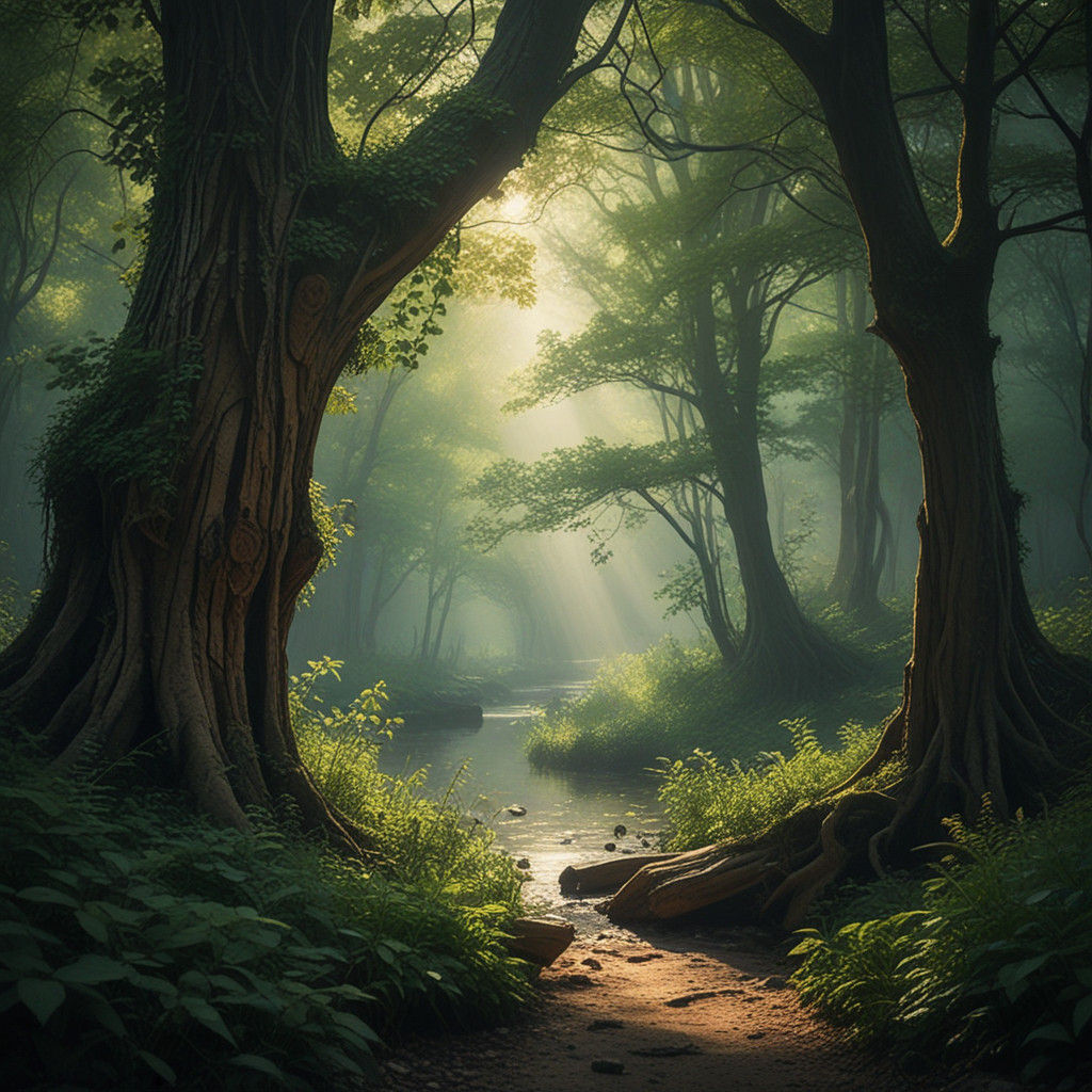 Impressionist Forest Scene with Winding River