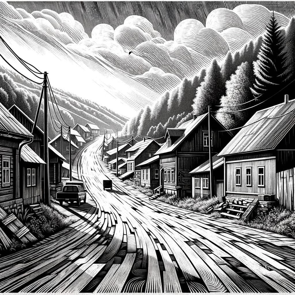 Grayscale Village Road in Linocut Style