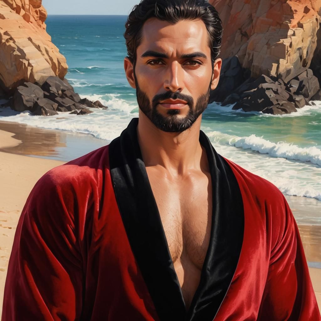 Middle Eastern Man in Velvet Robe on Seashore