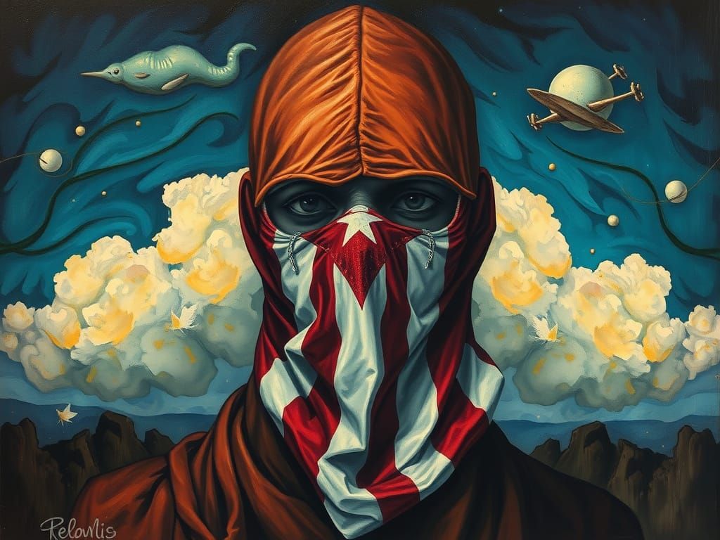 Surrealist Figure in Vibrant Puerto Rican Flag Mask, Oil on ...