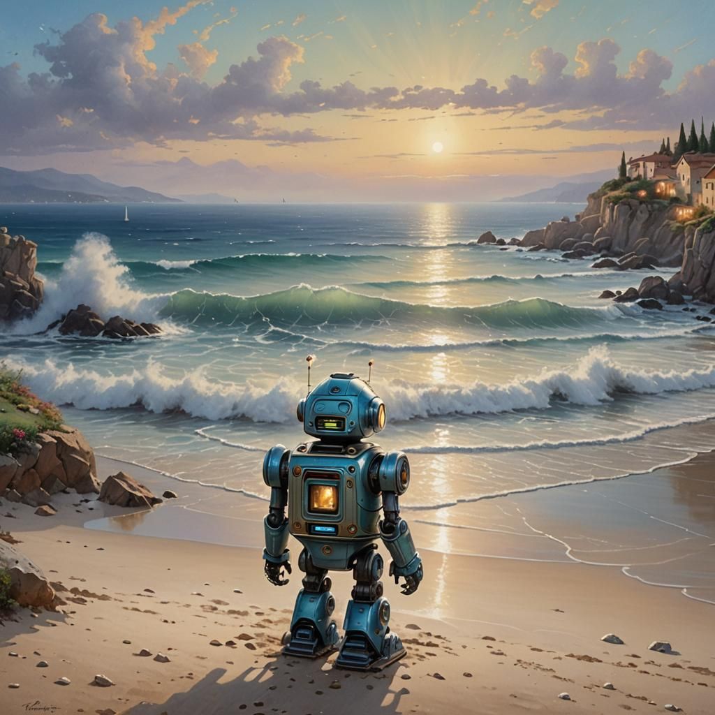 Robot Contemplates Sardinian Coast: Ethereal Fantasy
