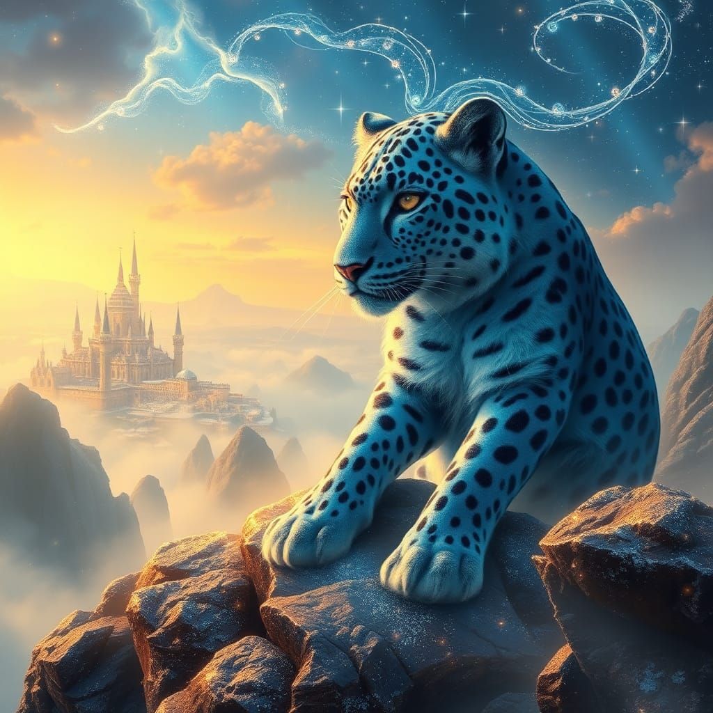 Majestic Leopard King in Ethereal Fantasy Landscape