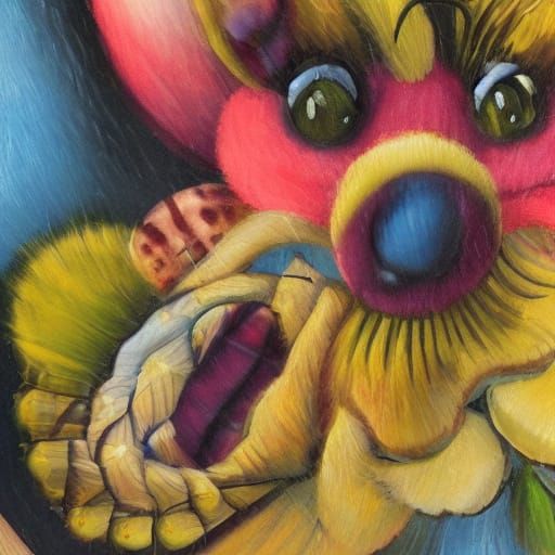 Surrealist Rabbit Collects Nectar in Whimsical Oil Painting
