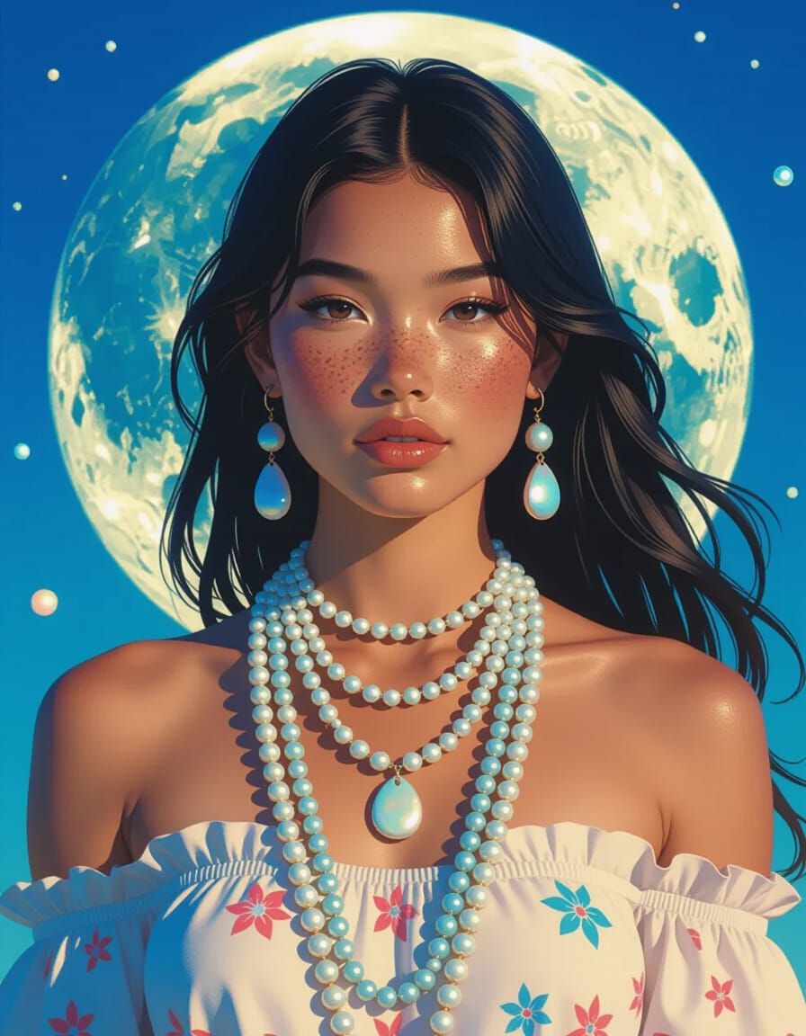 Polynesian Girl with Iridescent Moon, in Dreamy Style