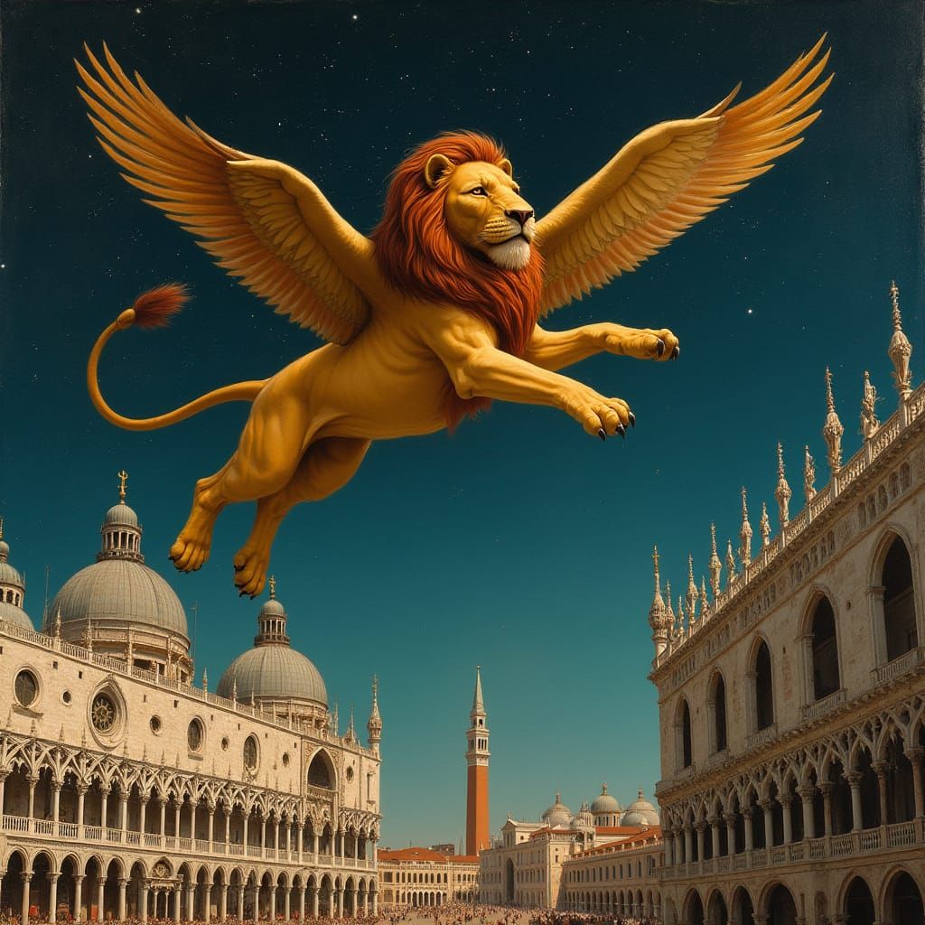 Regal Lion Soars Above St Mark's Square in Venice
