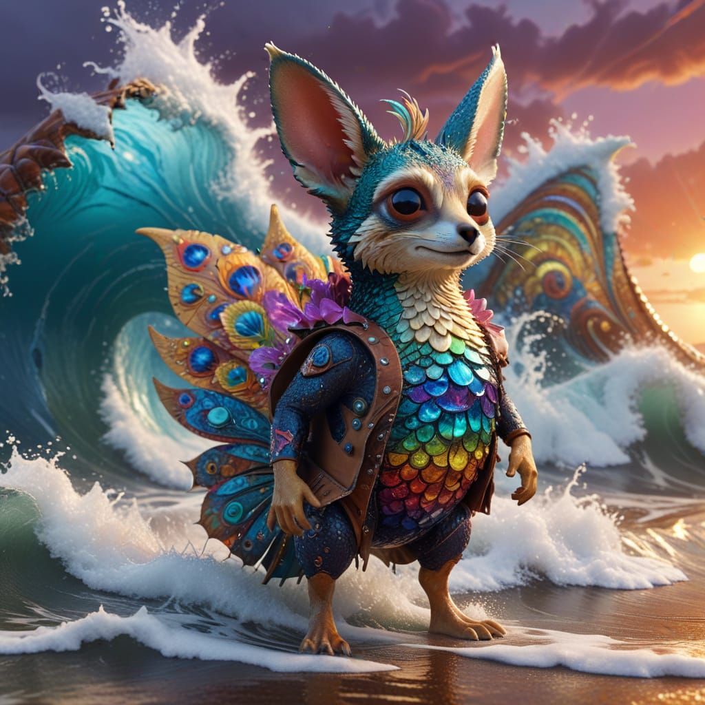 Vibrant Hyper-Maximalist Surfing Peacock-Fennec Snail in Oce...